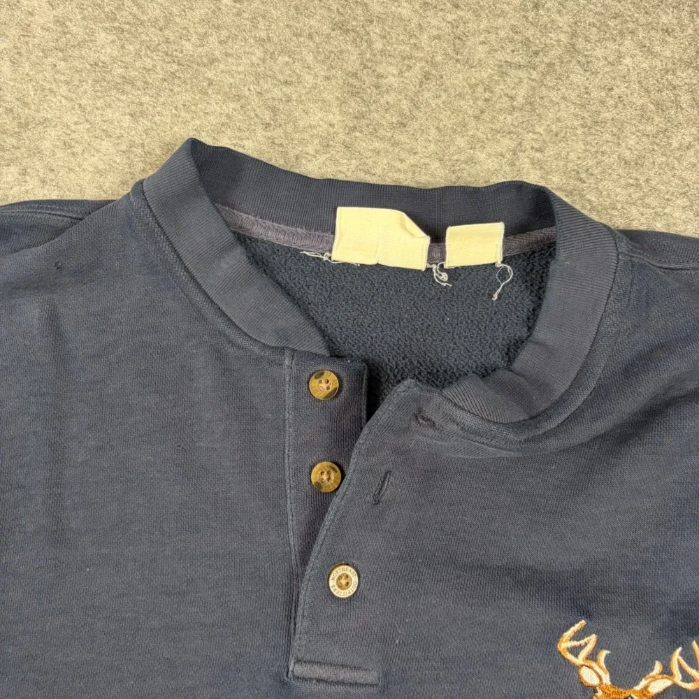 Deer Henley Sweatshirt Mens XL Blue Embroidered Head‎ Hunting Nature Outdoors